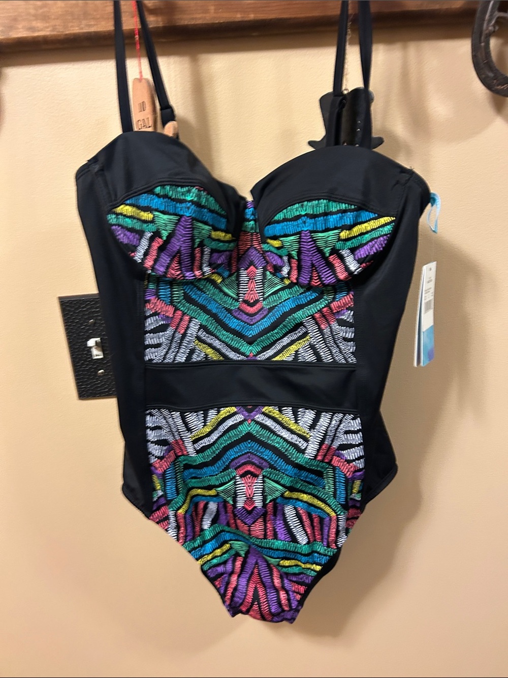 Black One-Piece Swimsuit with Multicolor Embroidered Print very flattering !